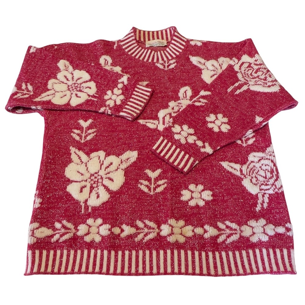 Vintage Glamour Knit Pink Floral Metallic Lurex Mock Neck Sweater Made in USA XL